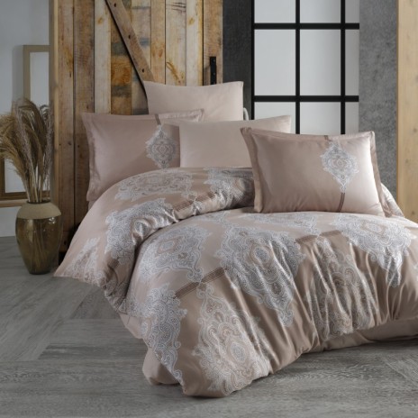 Lenjerie de pat satin de lux Mudonse, design baroc și geometric bej alb, 100% bumbac satinat, set 4 piese