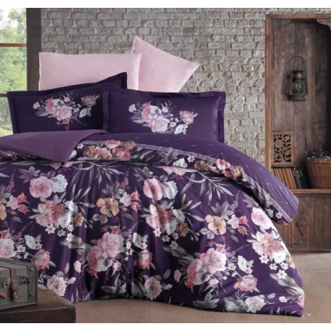 Lenjerie de pat bumbac satinat model Pera cu model floral în nuanțe de roz și crem pe fundal mov închis