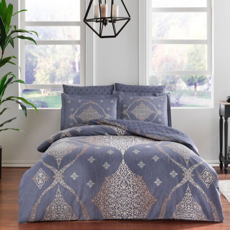 Lenjerie de pat TAC Aira, design geometric albastru și auriu, bumbac 100% satinat mercerizat