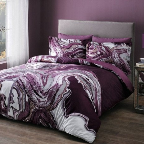 Lenjerie de pat din bumbac satinat Rebel TAC, set 6 piese, design modern cu motive abstracte, culori mov și alb.