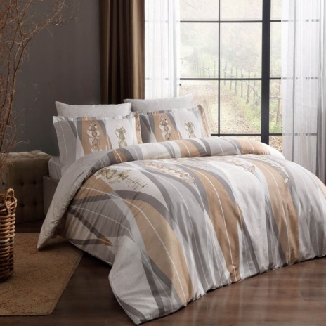 Lenjerie de pat satin de lux Ladue cu motive florale și dungi gri și bej pe fundal alb, set de 6 piese