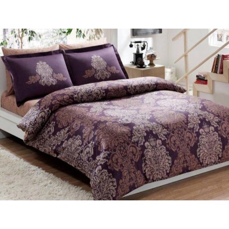 Lenjerie de pat dublu din bumbac satinat cu flori violet și crem, 6 piese