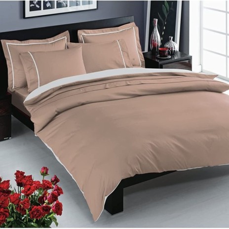 Lenjerie de pat satin de lux Prestige Cappuccino cu detalii albe pe fundal cappuccino, set de 6 piese