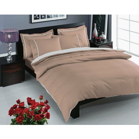 Lenjerie de pat satin de lux Prestige Cappuccino cu detalii albe pe fundal cappuccino, set de 6 piese