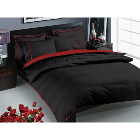 Lenjerie de pat Prestige Negru din bumbac satinat, reversibilă cu față neagră și față roșie, 6 piese