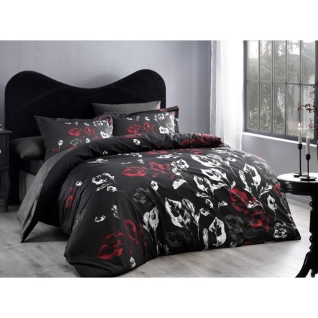 Lenjerie de pat TAC Talin Negru cu design floral negru roșu alb pe bumbac 100% satinat mercerizat, include cearceaf de pat, husă de pilotă și fețe de pernă