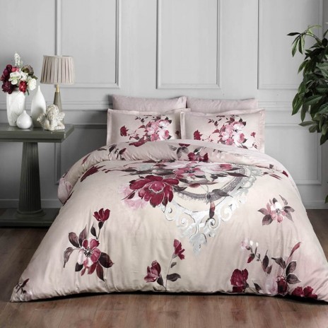 Lenjerie de pat satin de lux Vella cu flori bordo și gri pe fundal crem, set de 6 piese