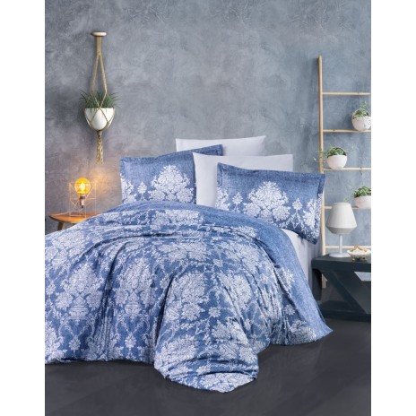 Lenjerie de pat satin de lux cu motive florale albe pe fundal albastru, set de 6 piese