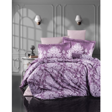 Lenjerie de pat satin de lux cu motive florale albe pe fundal mov, set de 6 piese