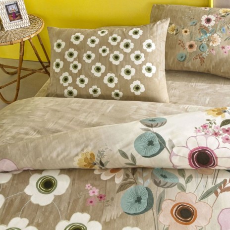 lenjerie de pat TAC Blyss din bumbac 100% ranforce cu model floral bej și flori pastelate