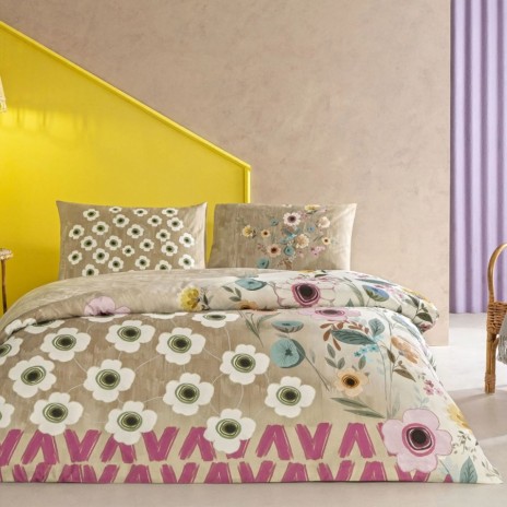 lenjerie de pat TAC Blyss din bumbac 100% ranforce cu model floral bej și flori pastelate