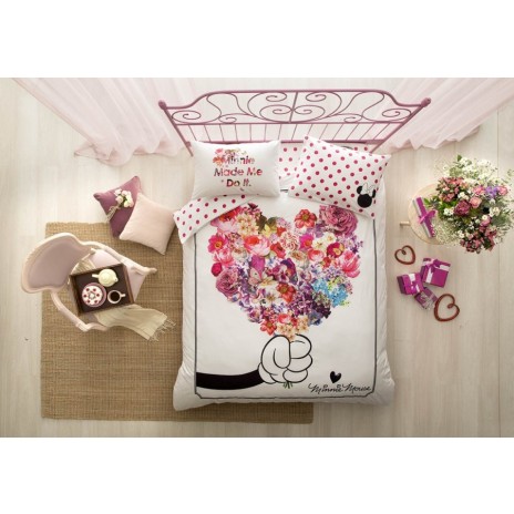 Lenjerie de pat Disney Minnie & Mickey Loveis, imprimeu floral și buline roz, 4 piese, bumbac 100%.