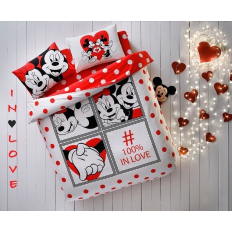 Lenjerie de pat dublu Disney Minnie & Mickey Dotty, imprimeu alb roșu negru cu buline și personaje Disney, 4 piese, bumbac 100%.