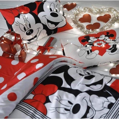 Lenjerie de pat dublu Disney Minnie & Mickey Dotty, imprimeu alb roșu negru cu buline și personaje Disney, 4 piese, bumbac 100%.
