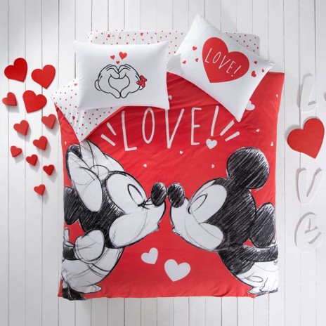 Lenjerie de pat model Minnie și Mickey Mouse cu inimă roșie și buline albe, pat dublu, din bumbac 100% ranforce, Tac Disney