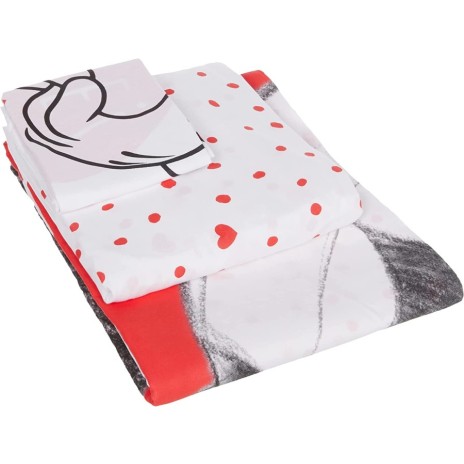 Lenjerie de pat model Minnie și Mickey Mouse cu inimă roșie și buline albe, pat dublu, din bumbac 100% ranforce, Tac Disney