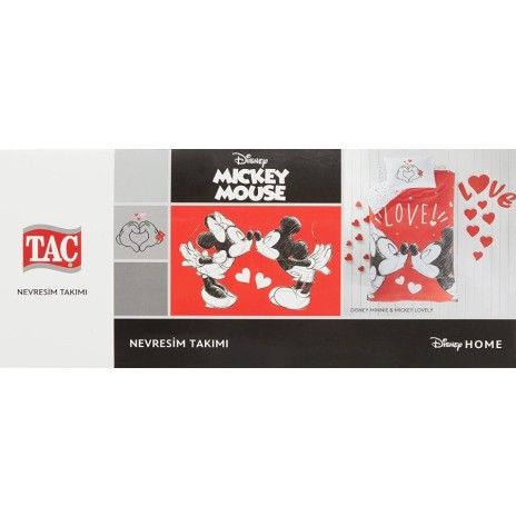 Lenjerie de pat model Minnie și Mickey Mouse cu inimă roșie și buline albe, pat dublu, din bumbac 100% ranforce, Tac Disney