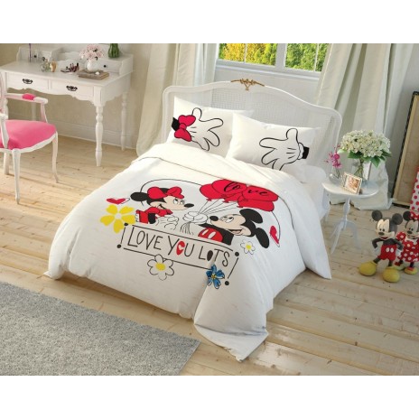 Lenjerie de pat dublu bumbac 100% Disney Minnie și Mickey cu design adorabil, baloane roșii și mesaj 