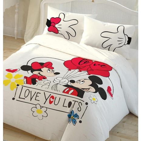 Lenjerie de pat dublu bumbac 100% Disney Minnie și Mickey cu design adorabil, baloane roșii și mesaj 