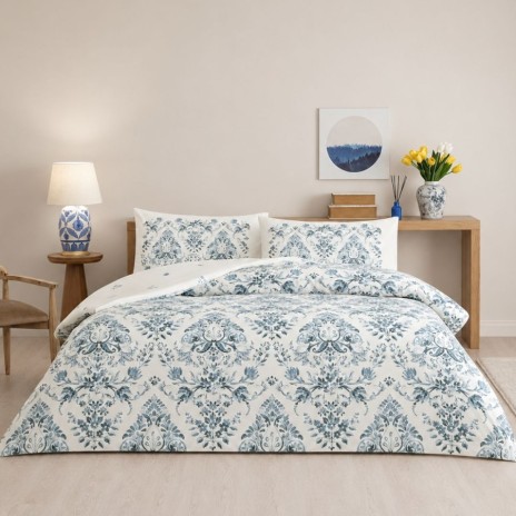 Lenjerie pat dublu TAC Elvar bumbac 100 ranforce model baroc floral albastru