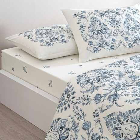 Lenjerie pat dublu TAC Elvar bumbac 100 ranforce model baroc floral albastru