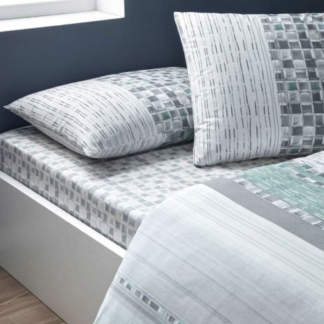 Lenjerie de pat TAC din bumbac 100% ranforce cu cearșaf cu elastic, model geometric abstract Maxwell gri verde