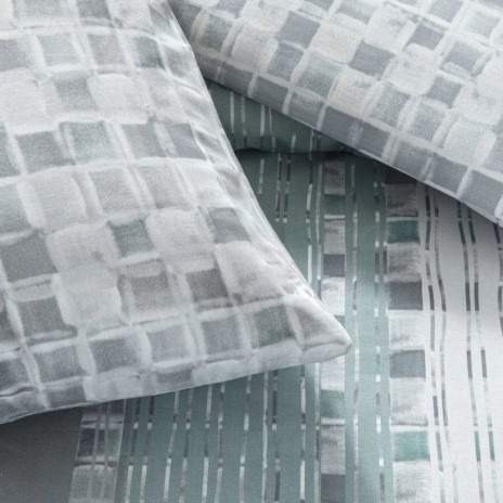 Lenjerie de pat TAC din bumbac 100% ranforce cu cearșaf cu elastic, model geometric abstract Maxwell gri verde