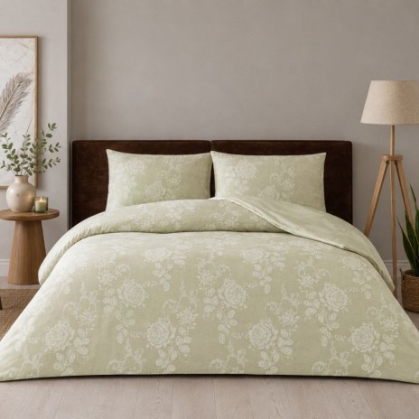 Lenjerie pat dublu TAC Maris Bej bumbac 100 ranforce cu imprimeu floral cu efect vizual de broderie decorativă