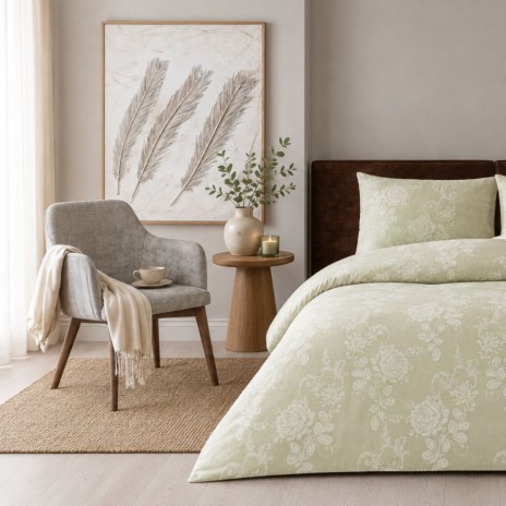 Lenjerie pat dublu TAC Maris Bej bumbac 100 ranforce cu imprimeu floral cu efect vizual de broderie decorativă