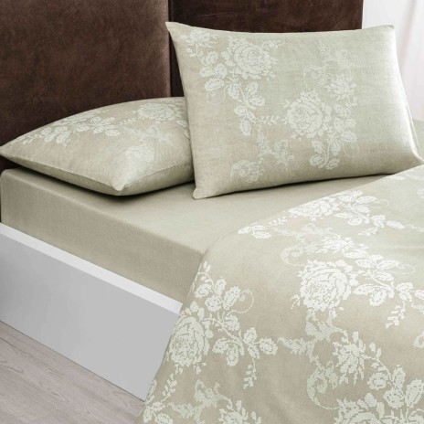 Lenjerie pat dublu TAC Maris Bej bumbac 100 ranforce cu imprimeu floral cu efect vizual de broderie decorativă