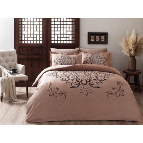 Lenjerie pat bumbac satinat 100% cu motive decorative maro și crem pe fundal bej, model Blanda, 6 piese