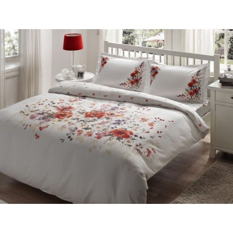 Lenjerie de pat albă din bumbac satinat Camila cu flori roșii, set de 6 piese, decor elegant și rafinat