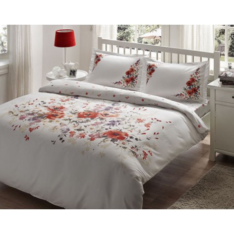 Lenjerie de pat albă din bumbac satinat Camila cu flori roșii, set de 6 piese, decor elegant și rafinat