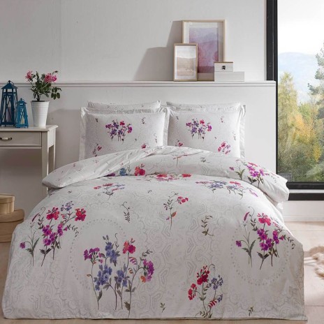 Lenjerie de pat Komae, bumbac satinat, imprimeu floral multicolor pe fundal alb, set 6 piese