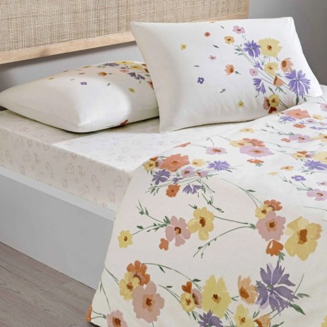 Lenjerie pat dublu bumbac ranforce, TAC Valoria cu imprimeu floral multicolor tip acuarela