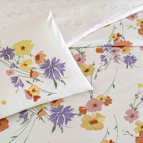 Lenjerie pat dublu bumbac ranforce, TAC Valoria cu imprimeu floral multicolor tip acuarela