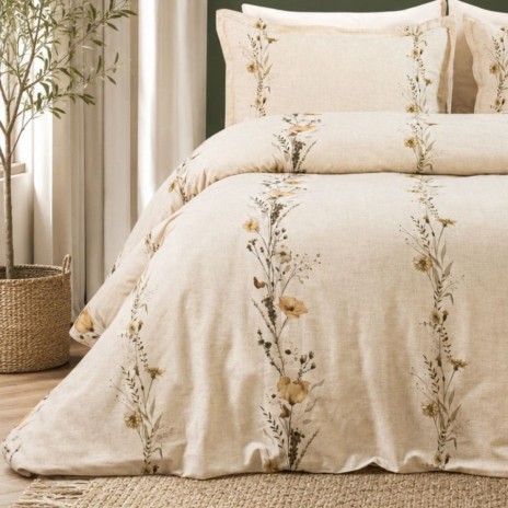 Lenjerie de pat Yoan din bumbac prespalat cu imprimeu digital, crem cu flori delicate si borduri decorative