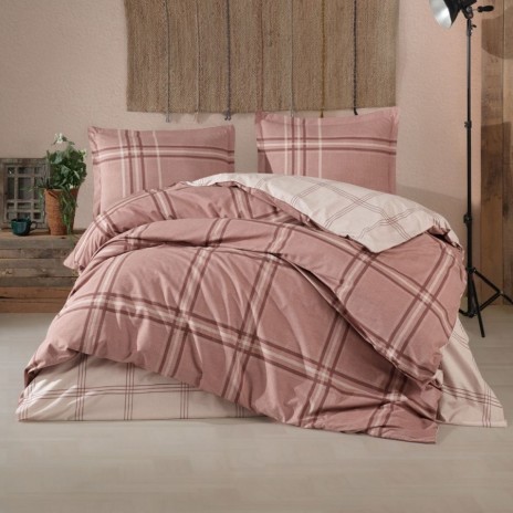 Lenjerie de pat dublu din bumbac 100% ranforce Capella V2 maro, model în carouri rustice reversibil