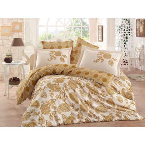 Lenjerie de pat de lux din satin Hobby Home Antonia Gold în nuanțe auriu și crem, design floral