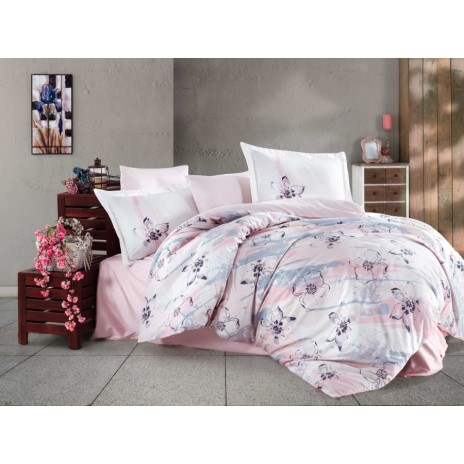 Lenjerie de pat din bumbac satinat Hobby Home cu model flori roz pastel pe fundal alb ​