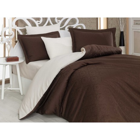 Lenjerie de pat exclusive satin de lux, Hobby Home, Diamond Damask - Brown, Cream