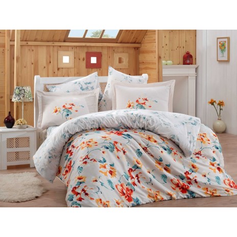 Lenjerie de pat de lux din satin Hobby Home Lavida Red în nuanțe roșu, galben și albastru deschis, design floral
