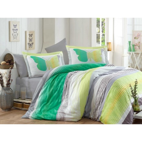 Lenjerie de pat de lux din satin Hobby Home Nicoletta Green în nuanțe verde, galben și gri, design fluturi și dungi