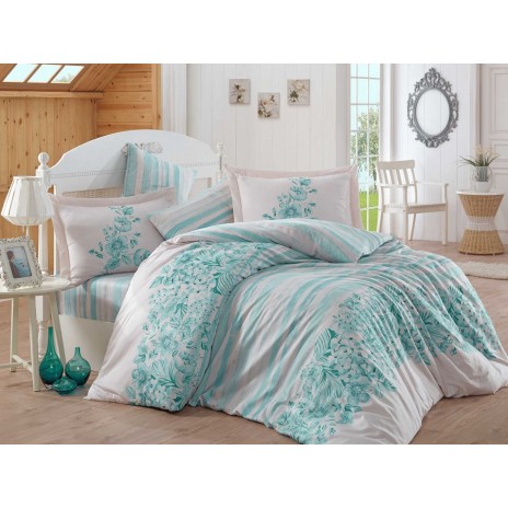 Lenjerie de pat de lux din satin Hobby Home Serena Turquoise în nuanțe turcoaz și alb, design floral și dungi