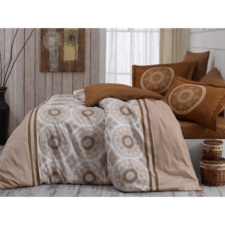 Lenjerie de pat de lux din satin Hobby Home Silvana Beige în nuanțe bej și maro, design mandale și borduri