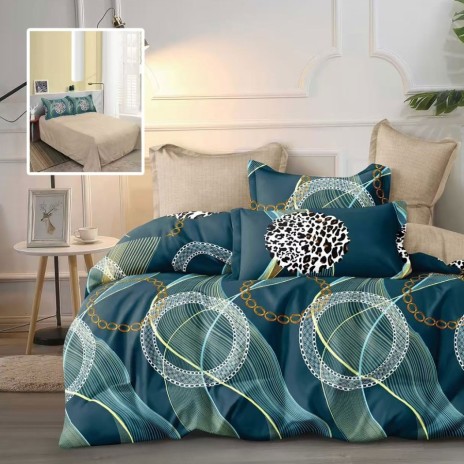 Lenjerie de pat finet 6 piese, albastru petrol cu cercuri decorative elegante