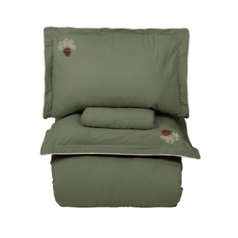 Lenjerie de pat flanel Costa Verde inchis First Choice, model uni cu broderie pe fetele de perna si contur crem