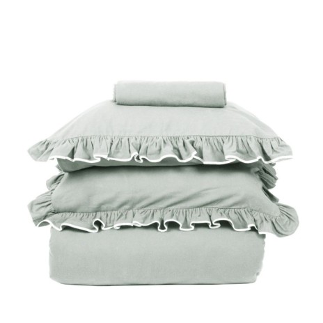 Lenjerie de pat flanel Josef silver gri First Choice, model uni cu volane decorative si contur alb