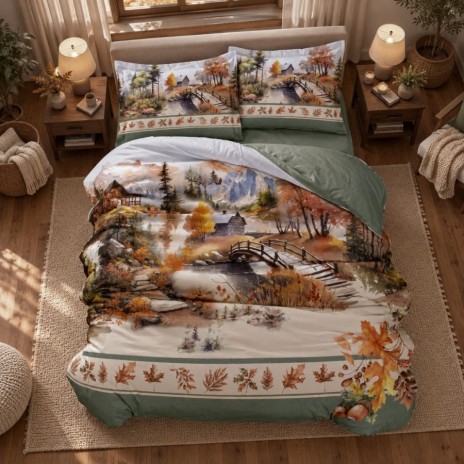 Lenjerie de pat flanel Toledo First Choice, imprimeu digital 3D cu podet, casute, munti si copaci aramii, bordura cu frunze