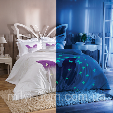Lenjerie de pat din bumbac 100% satinat cu fluturi fosforescenți, 4 piese, TAC, lumină în întuneric